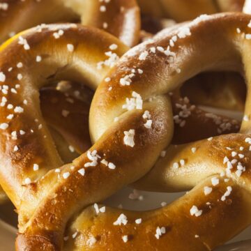 Closeup of an Auntie Anne's soft pretzel.