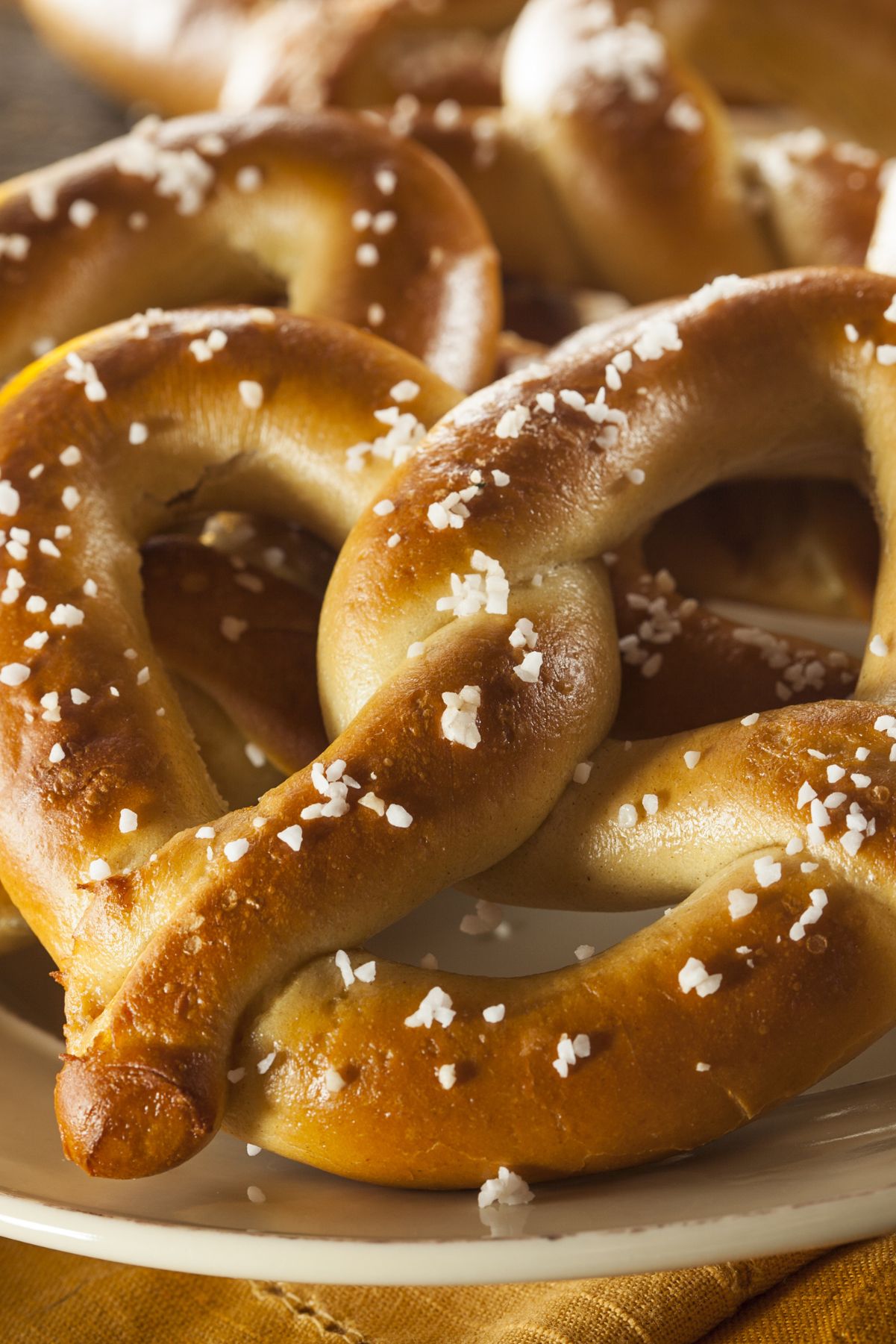 Closeup of an Auntie Anne's soft pretzel.