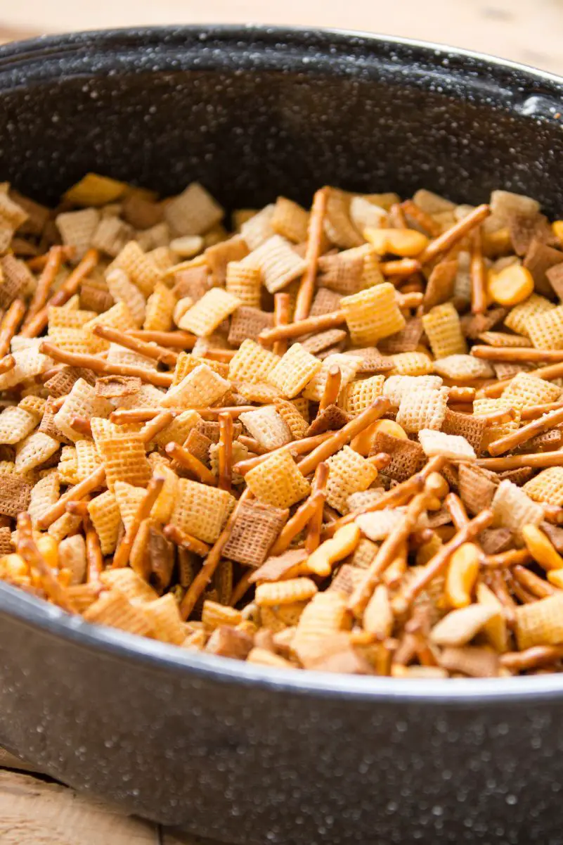 Closeup of Easy Copycat Chex Mix in a black pan.