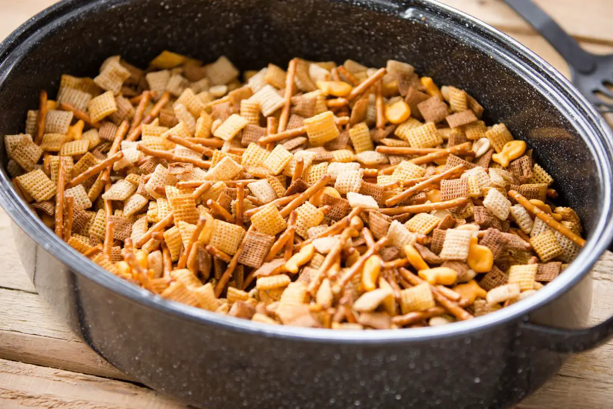 Easy Copycat Chex Mix in a black pan.