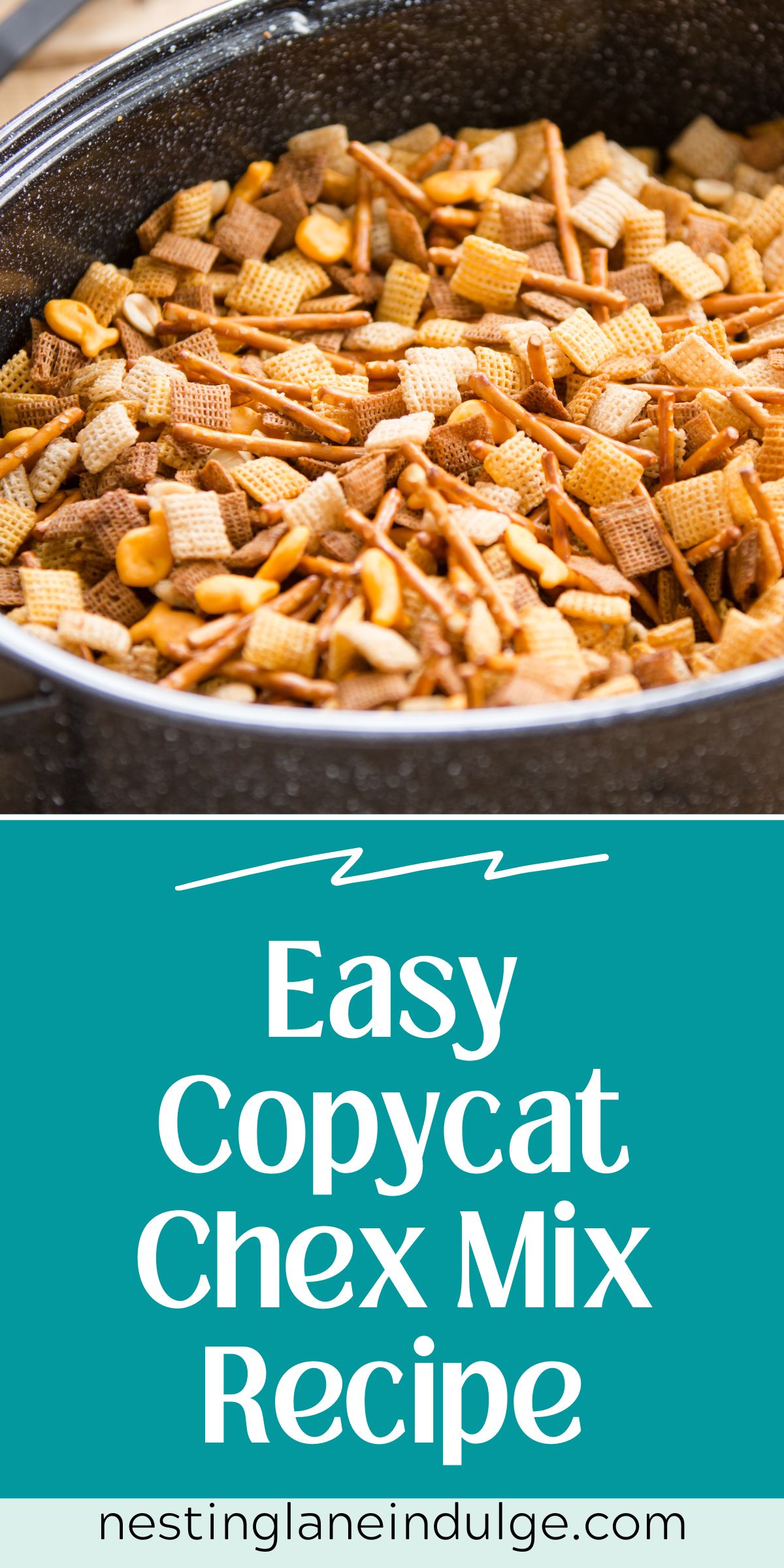 Graphic for Pinterest of Easy Copycat Chex Mix Recipe.
