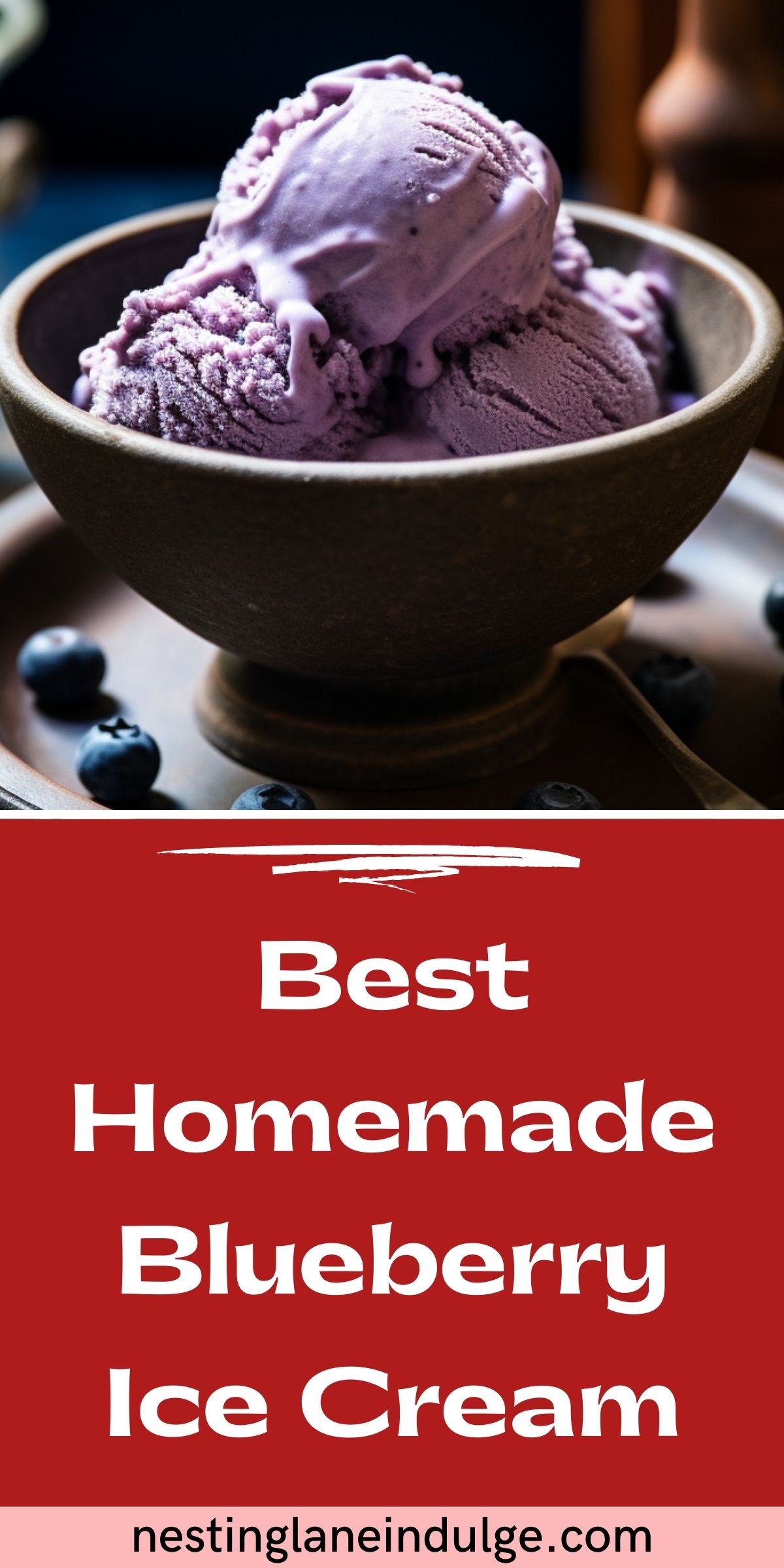 Graphic for Pinterest of Homemade Blueberry Ice Cream Recipe.