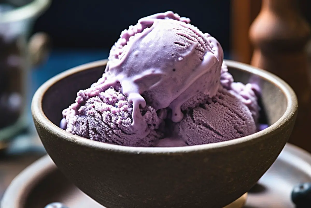 Homemade Blueberry Ice Cream in a rustic bowl.