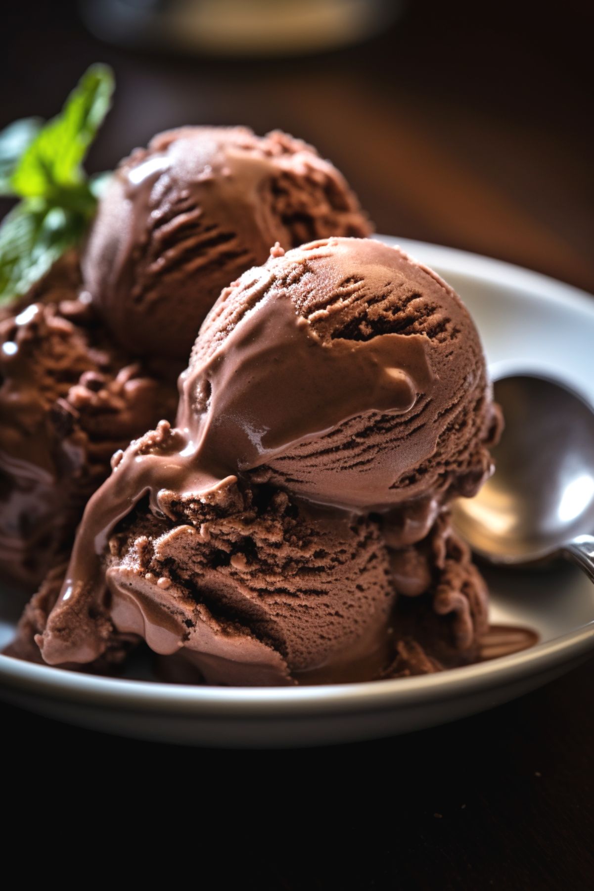 A bowl filled with scoops of chocolate custard ice cream.