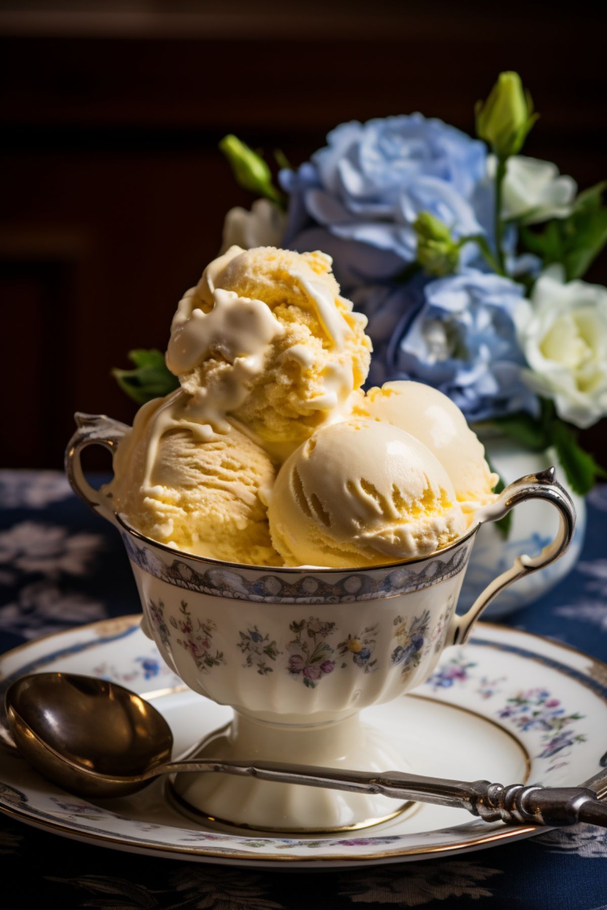 Custard ice cream in an antique tea cup.