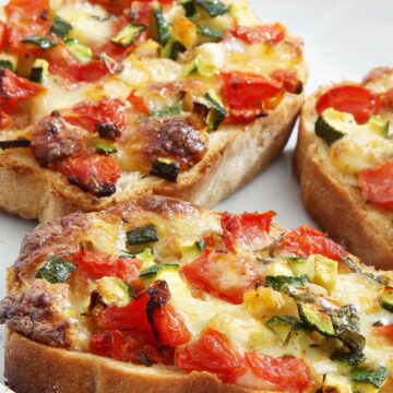 Closeup of Quick and Easy Italian Bruschetta on a white plate.