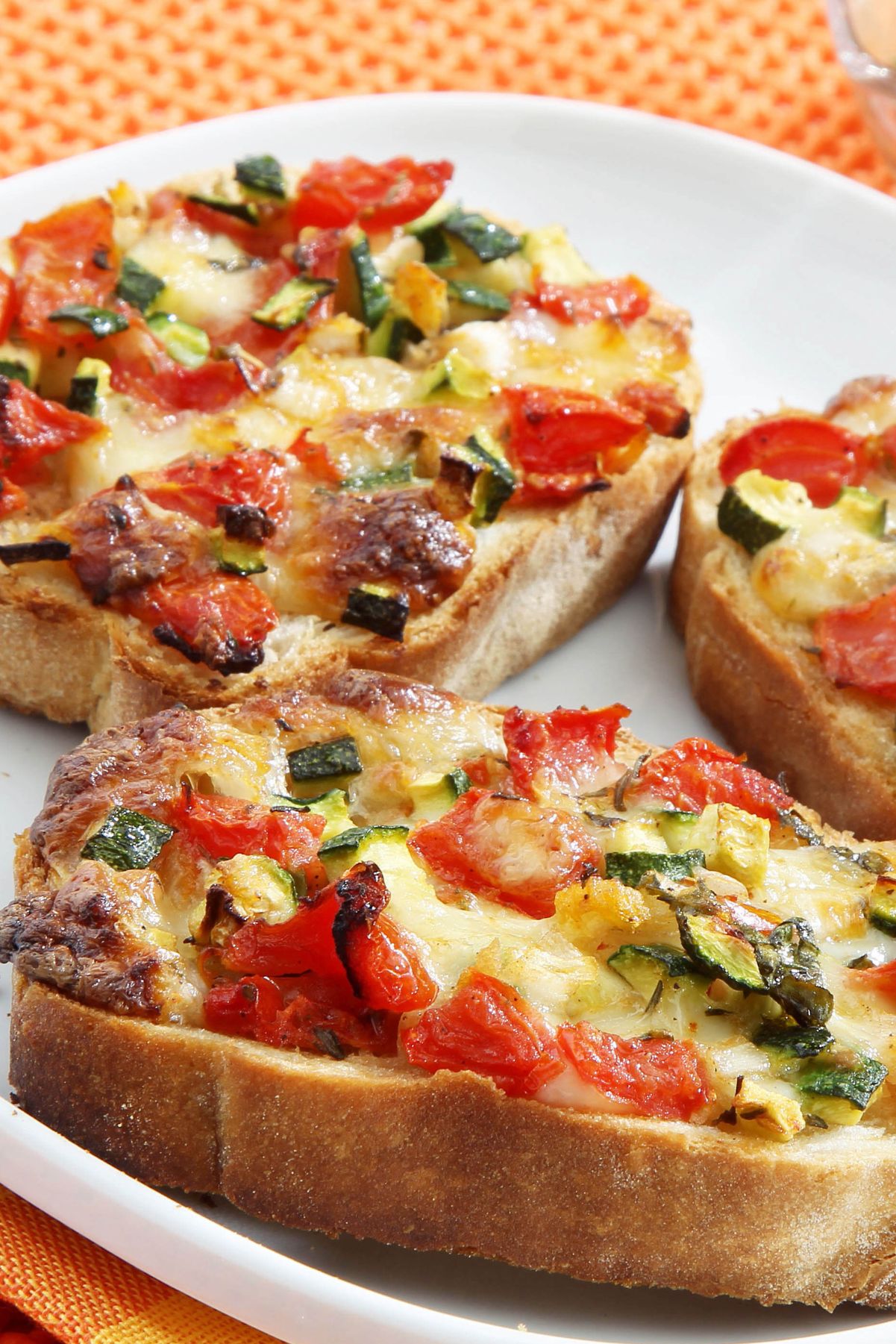 Closeup of Quick and Easy Italian Bruschetta on a white plate.