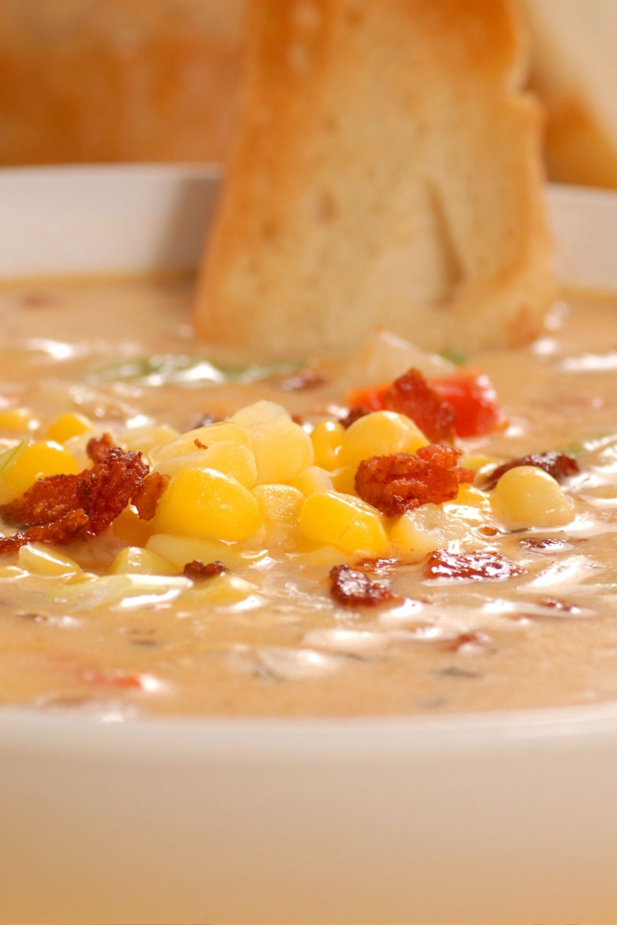 Closeup of Easy Homemade Corn Chowder in a white bowl.