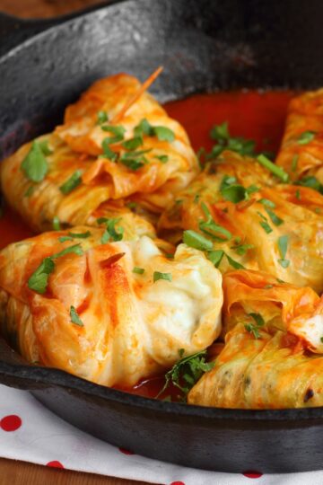 cloesup of Skillet Stuffed Cabbage Rolls in a skillet.