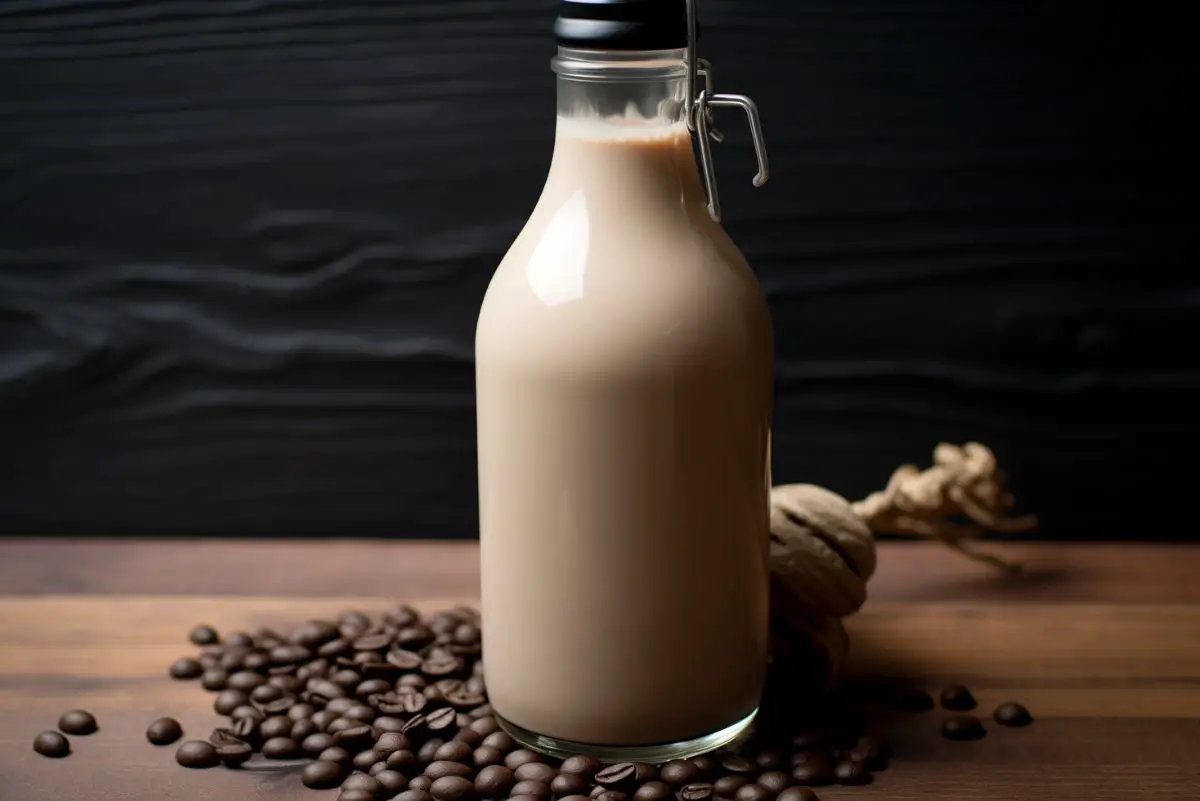 A tall, clear glass bottle filled with a light brown creamy beverage, secured with a swing-top closure, sits on a wooden surface surrounded by scattered coffee beans and a curled, dried vanilla pod, against a dark wood backdrop.