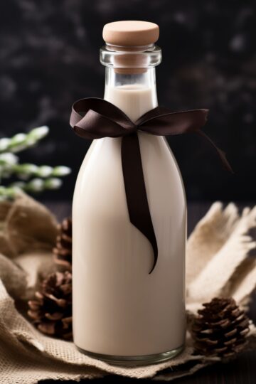 A bottle of homemade creamy liqueur, reminiscent of Baileys Irish Cream, adorned with a dark brown ribbon, against a dark background with pine cones and burlap fabric.