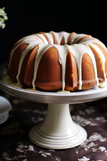 A Bundt cake with a smooth, white glaze drizzled over its golden-brown crust, displayed on an elegant white cake stand with a fluted base. The cake stand is on a dark tablecloth with floral patterns, suggesting a rich, festive setting.