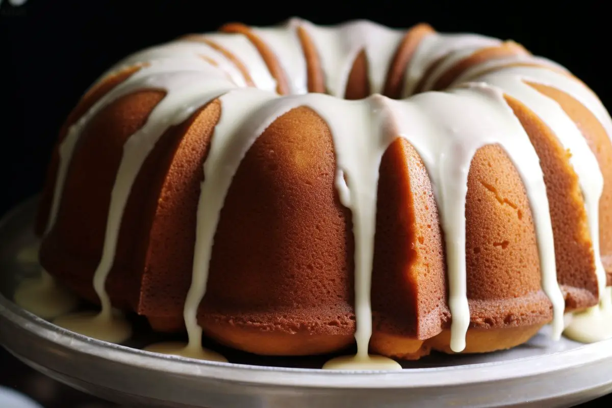 A close-up of a golden-brown Bundt cake with white glaze dripping down its sides, sitting on a metal cake stand which provides a beautiful contrast to the cake's warm tones. The glaze is thick and smooth, giving the cake a tempting, finished look.