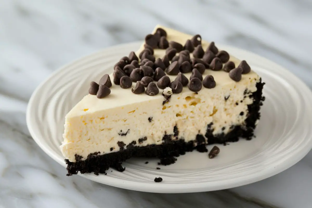 A single slice of Chocolate Chip Irish Cream Cheesecake on a white plate, showing the layers of chocolate chips within and the crust below.