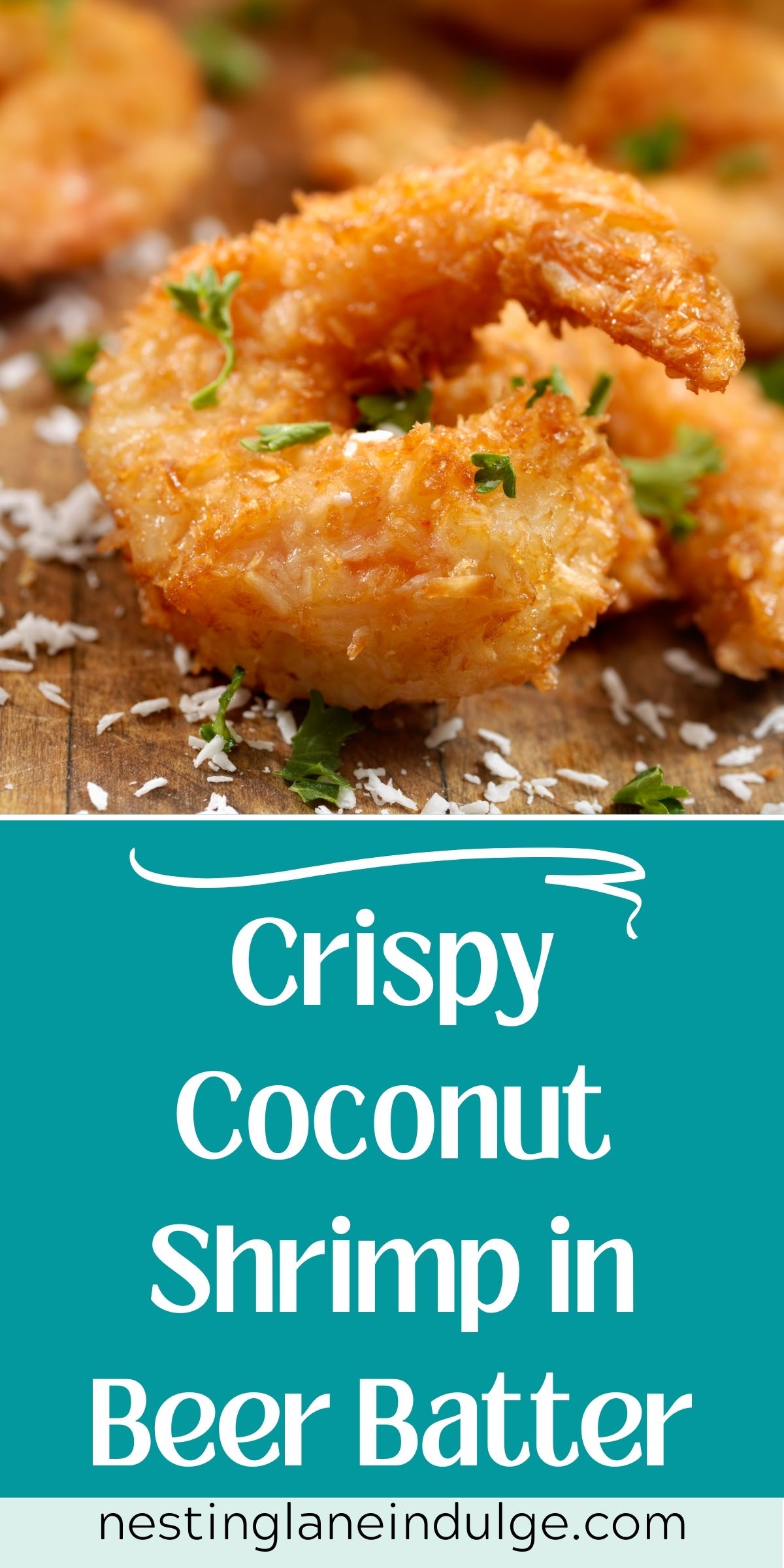 Graphic for Pinterest of Crispy Coconut Shrimp in Beer Batter.