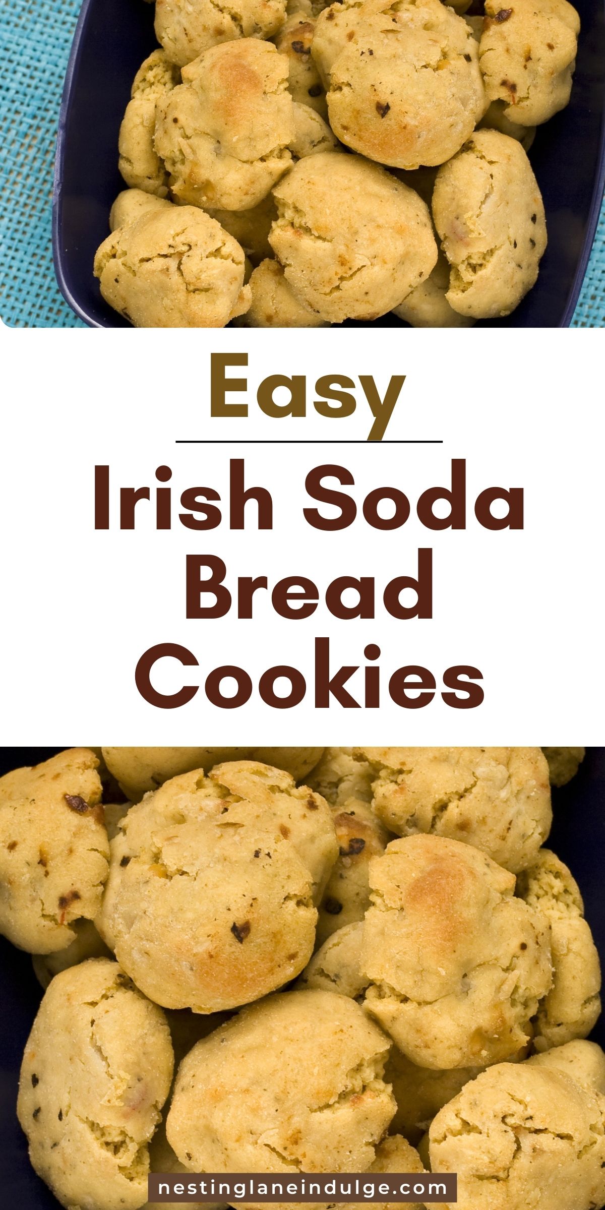 Promotional image for Easy Irish Soda Bread Cookies showing a navy blue oval dish filled with round, golden-brown cookies on a turquoise background, with text above.
