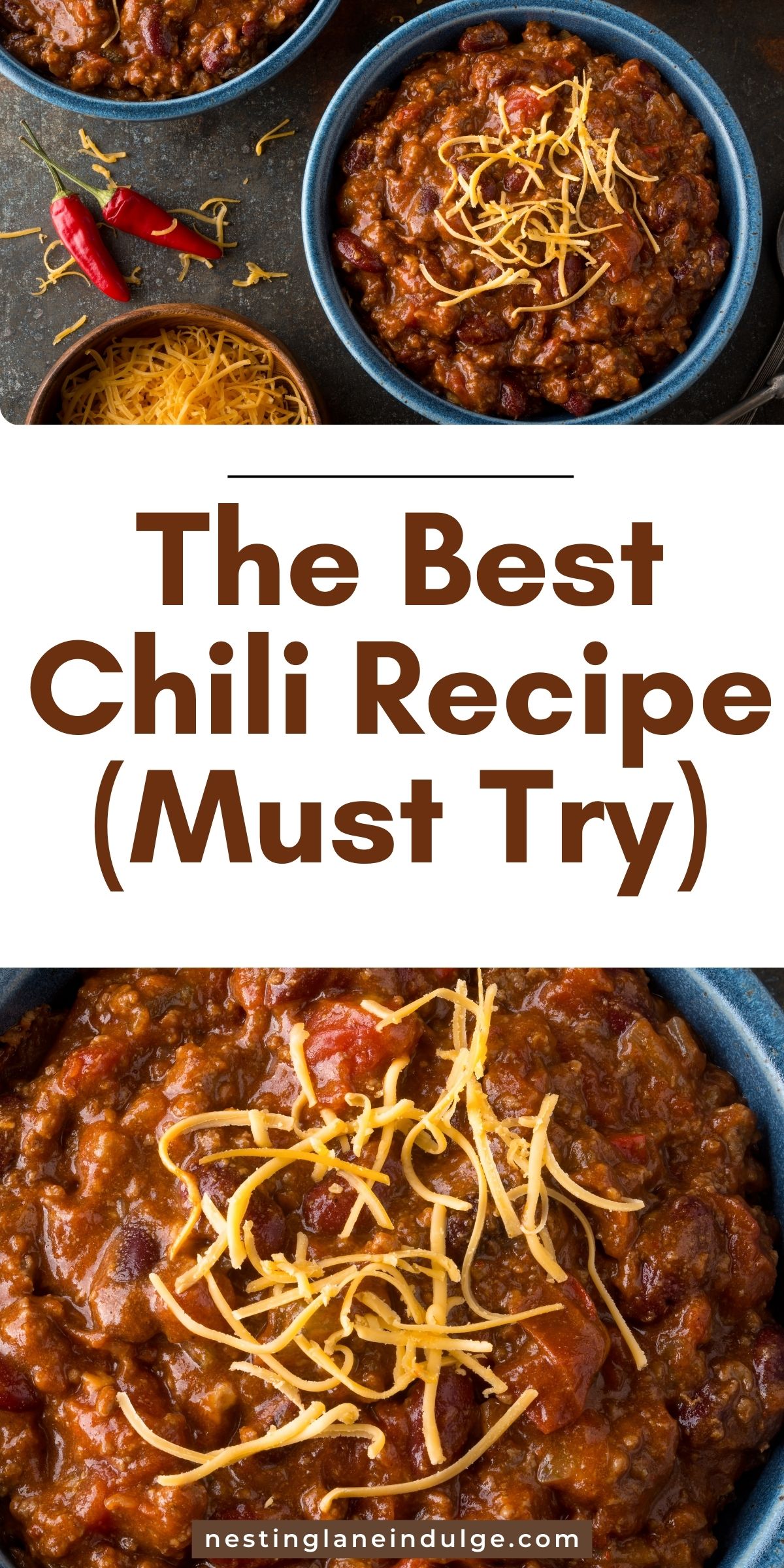 Promotional image for "The Best Chili Recipe (Must Try)" featuring a delicious bowl of chili with cheese on top, website name at the bottom, against a dark background with chili peppers and herbs.