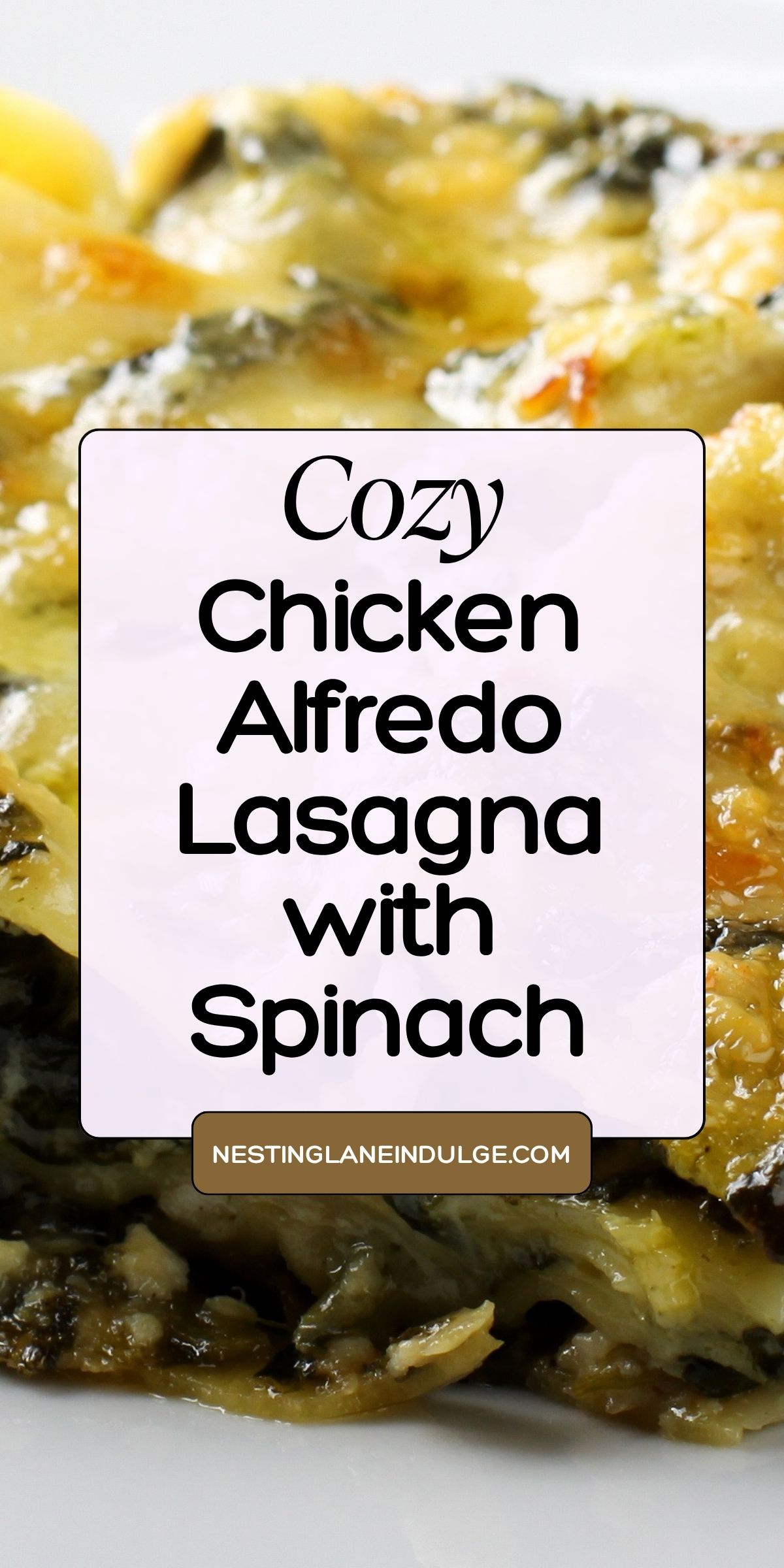 Close-up of cheesy chicken Alfredo lasagna with spinach—golden melted mozzarella over layered noodles on a white plate. Vertical recipe graphic with text: “Cozy Chicken Alfredo Lasagna with Spinach.” Footer tag: “NESTINGLANEINDULGE.COM.” Comfort food, easy dinner, Italian recipe.