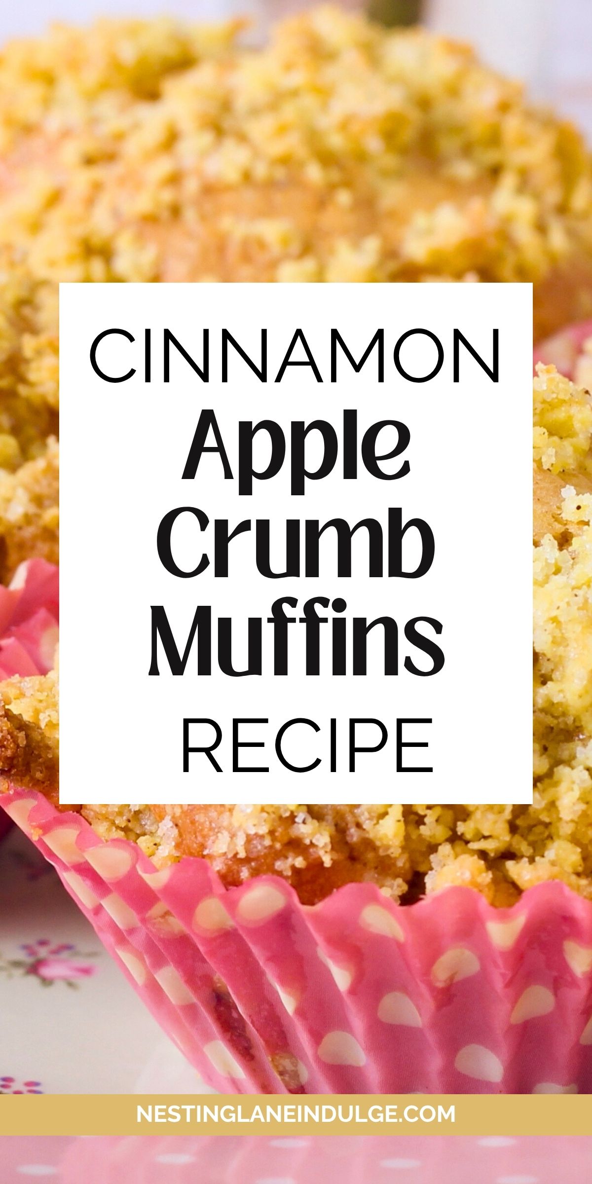 Close-up of cinnamon apple crumb muffins with golden streusel topping in pink polka-dot liners. Large white box text: “CINNAMON Apple Crumb Muffins RECIPE.” Footer: “NESTINGLANEINDULGE.COM.” Cozy homemade breakfast/dessert recipe, bakery food photography.