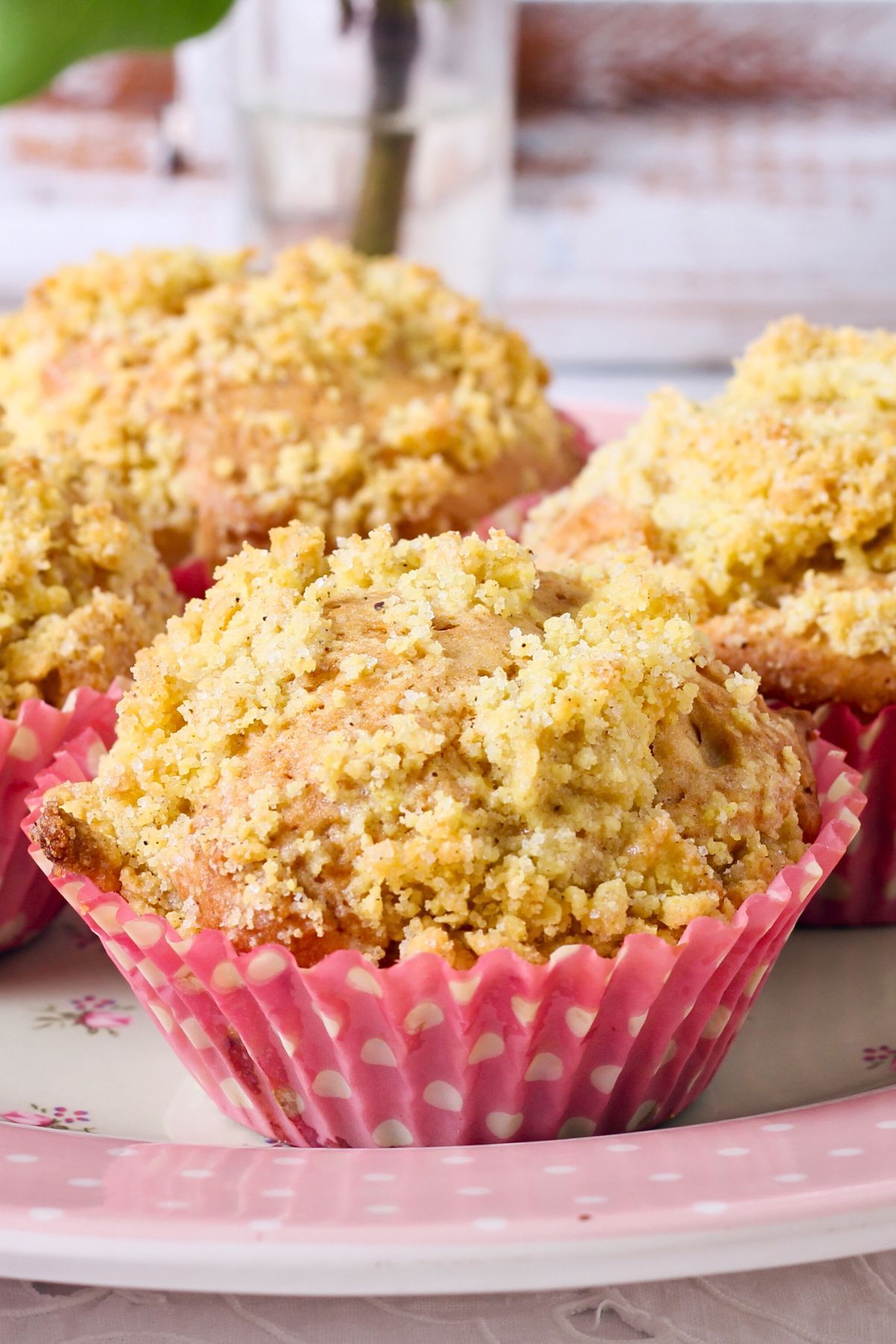 Golden cinnamon apple crumb muffins with buttery streusel topping, baked in pink polka-dot cupcake liners and arranged on a pink plate. Cozy homemade bakery style breakfast or dessert, fall baking recipe, food photography.