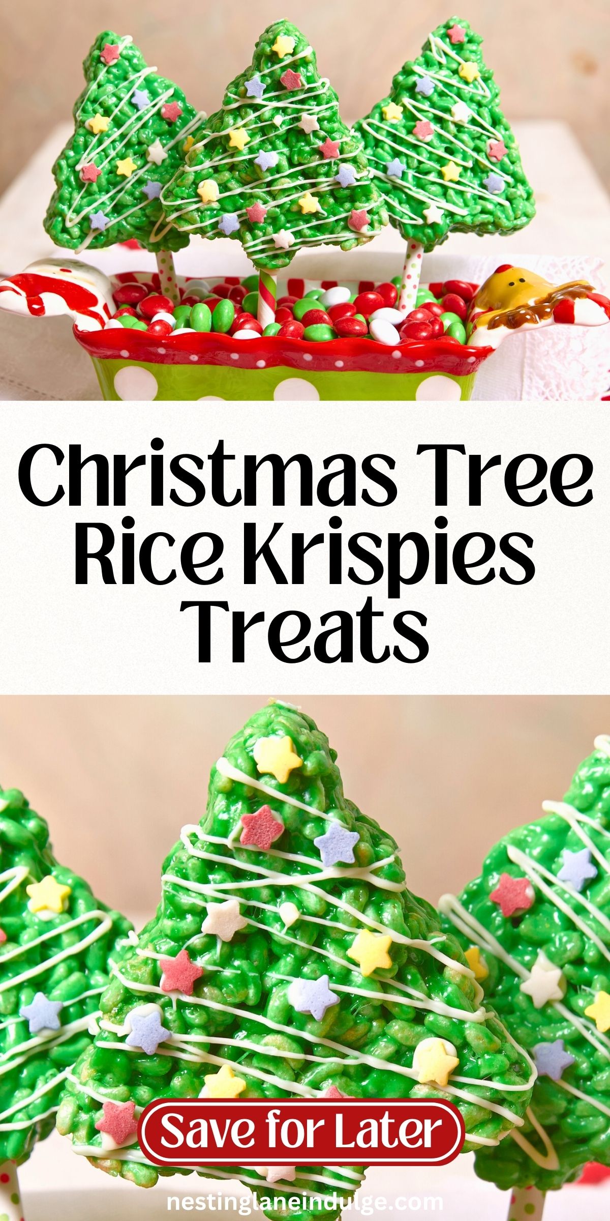 Green Christmas tree-shaped Rice Krispies treats on sticks, decorated with white icing drizzle and pastel star sprinkles. The trees stand upright in a dish filled with red, green, and white candies. Text reads &ldquo;Christmas Tree Rice Krispies Treats&rdquo; and &ldquo;Save for Later.&rdquo;
