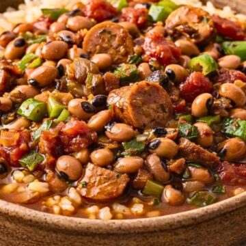 Southern black eyed pea gumbo served over white rice in a rustic bowl. Hearty crockpot stew with sliced sausage, black eyed peas, diced tomatoes, green bell peppers, and herbs in a rich savory broth. Comfort food Southern dinner recipe with smoky sausage and beans.