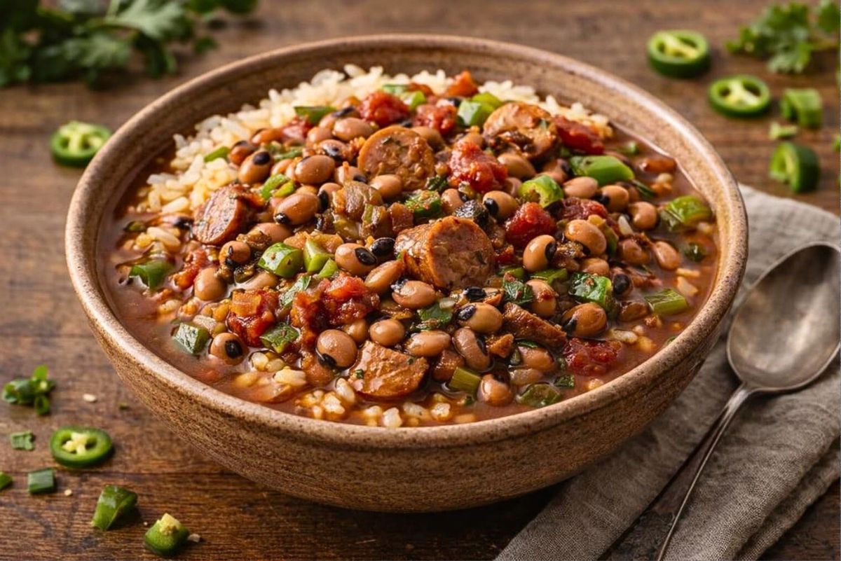 Bowl of Southern black eyed pea gumbo over white rice with sliced sausage, black eyed peas, diced tomatoes, green bell peppers, and herbs in a rich savory broth. Rustic crockpot stew served in a brown bowl on a wooden table with jalape&ntilde;o slices and a spoon nearby.
