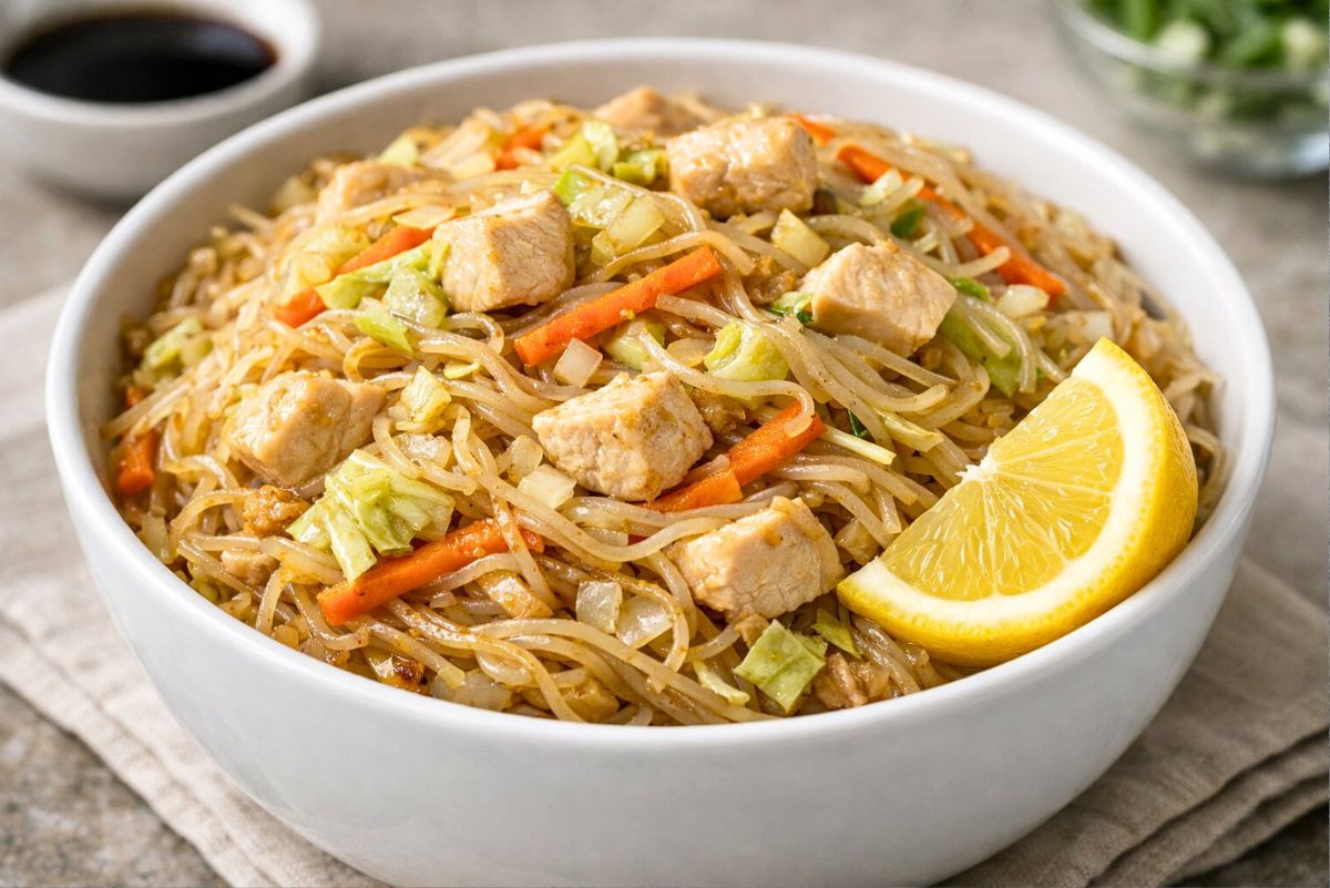 Bowl of Filipino pancit noodles with diced chicken, shredded cabbage, carrots, and onions tossed in a savory stir fry sauce. Thin rice noodles served with a fresh lemon wedge on the side in a white bowl, classic Filipino noodle dish for an easy weeknight dinner.