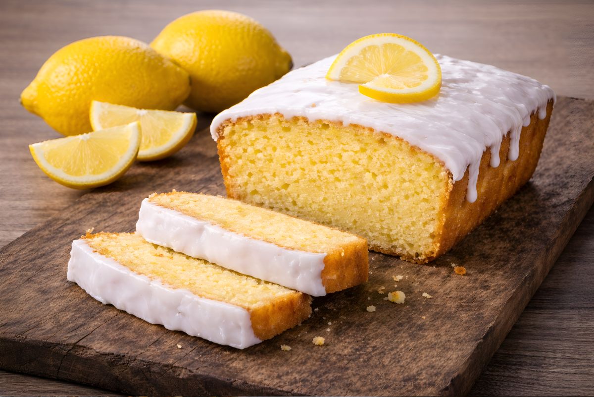 Copycat Starbucks iced lemon pound cake loaf on a rustic wooden board, topped with thick white icing and a lemon slice. Two glazed slices are cut in front, showing the soft yellow crumb, with a few crumbs on the board. Whole lemons and lemon wedges sit in the background.