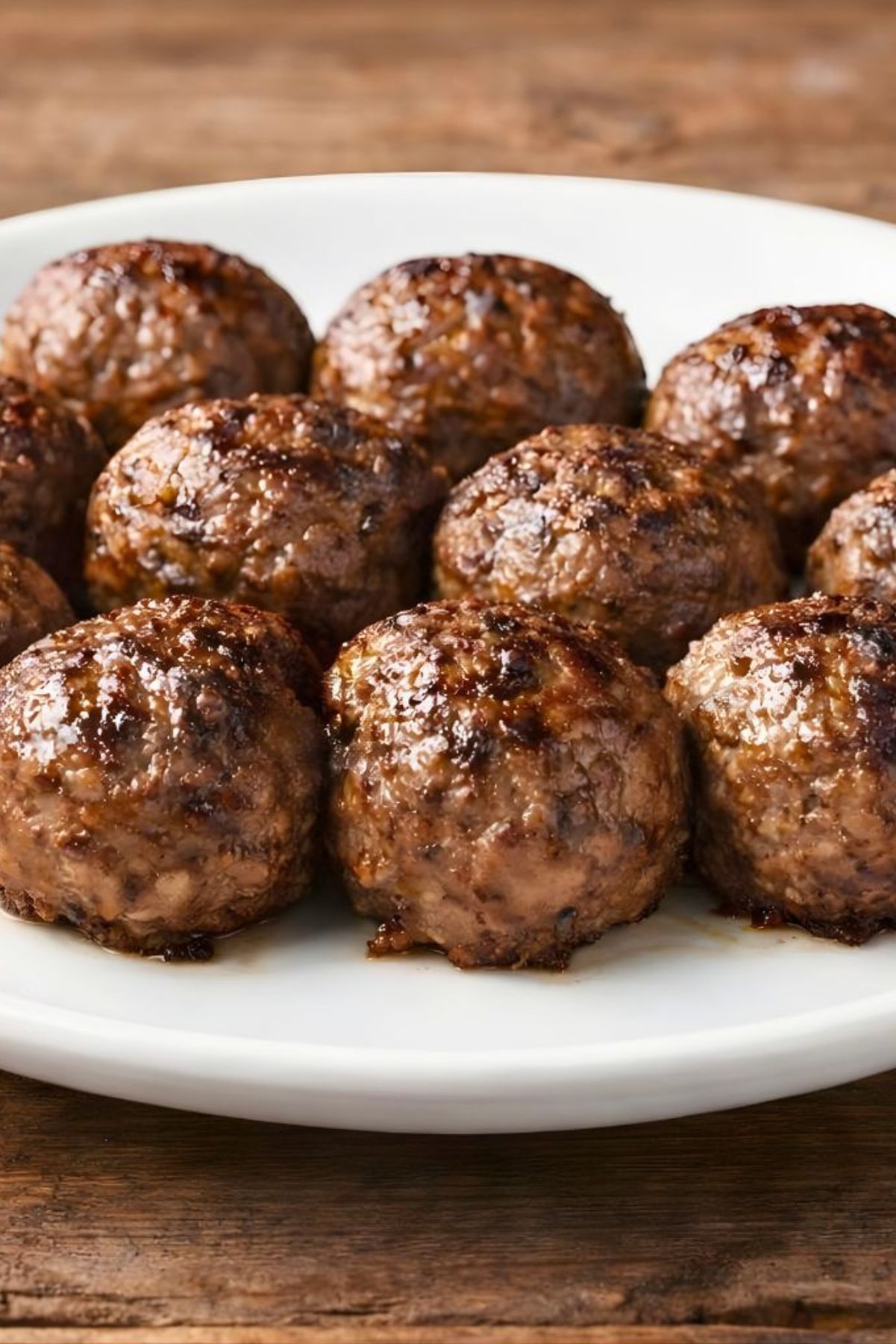 Close-up of homemade baked beef meatballs on a white plate over a rustic wood table. The Italian meatballs are browned on the outside with a juicy, glossy finish.