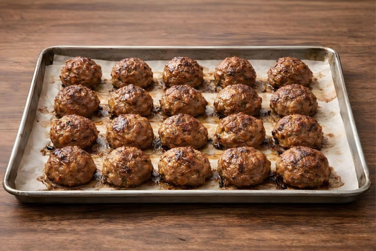 Baked Italian beef meatballs lined up on a parchment-lined sheet pan, fresh from the oven. The homemade meatballs are browned on top with juices and drippings on the baking tray.