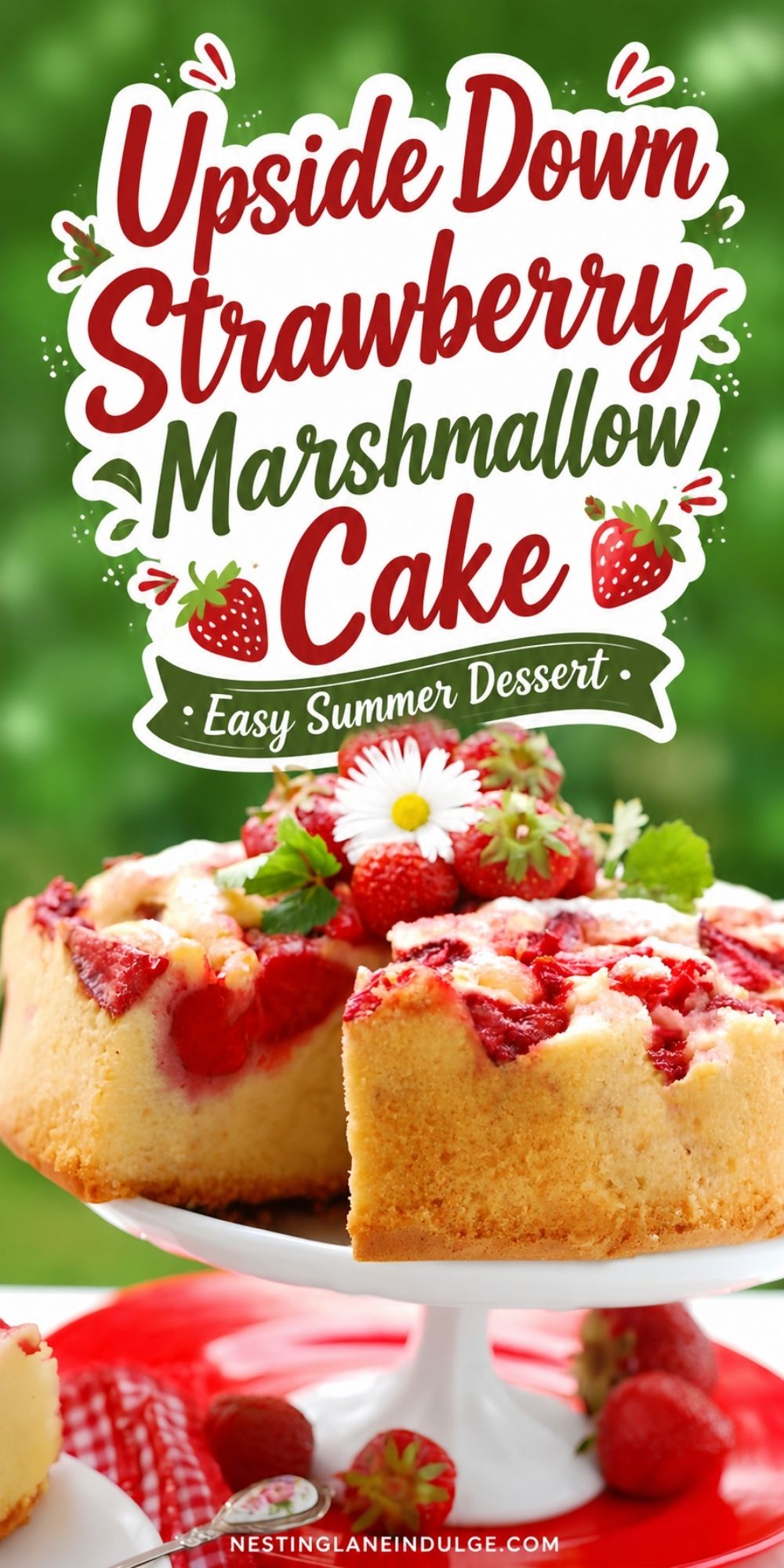 Upside Down Strawberry Marshmallow Cake on a white cake stand with fresh strawberries, a daisy garnish, and a slice cut out. Text reads &ldquo;Upside Down Strawberry Marshmallow Cake,&rdquo; &ldquo;Easy Summer Dessert,&rdquo; and &ldquo;nestinglaneindulge.com.&rdquo;