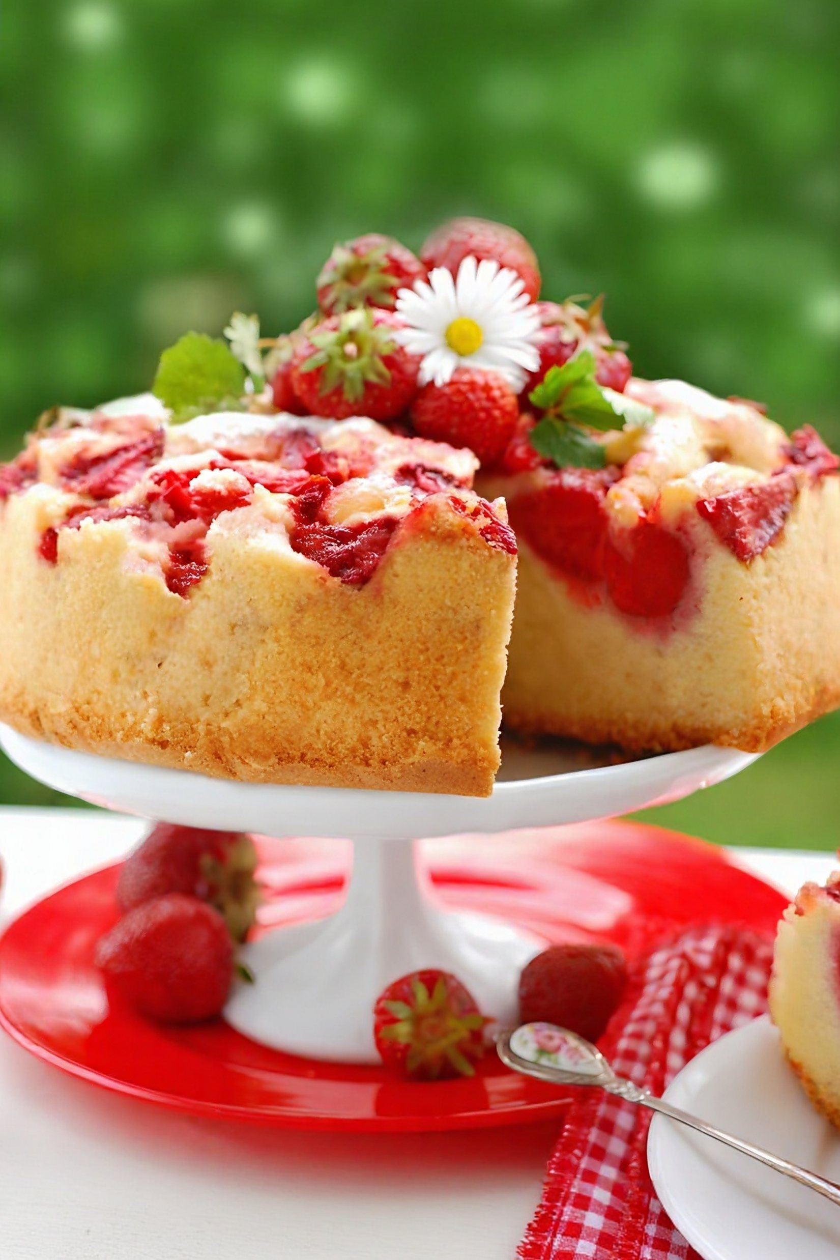 Upside Down Strawberry Marshmallow Cake on a white cake stand with fresh strawberries, a daisy garnish, and a slice cut out. A red plate, gingham napkin, and dessert fork sit below with a blurred green background.